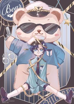 1boy :o absurdres aged_down animal award_ribbon between_legs black_border black_necktie black_shoes black_shorts blue_background blue_eyes blue_hair blue_shirt border caution_tape children's_day chinese_commentary clarence_clayden clothed_animal collared_shirt commentary_request cuffs curtained_hair english_text full_body glasses gradient_background gun hair_between_eyes hand_between_legs handcuffs handgun hat highres holding holding_gun holding_weapon irregular_border long_sleeves looking_at_viewer lovebrush_chronicles male_focus mole mole_under_eye necktie official_alternate_costume on_ground outstretched_legs oversized_clothes oversized_shirt peaked_cap police police_hat police_uniform restrained sentient_stuffed_toy shirt shoe_soles shoes short_hair shorts sitting sleeves_past_wrists snow234 socks solo spread_legs straight-on striped_background stuffed_animal stuffed_toy sunglasses sweatdrop teddy_bear tie_clip tilted_headwear wavy_mouth weapon white_background white_hat white_socks