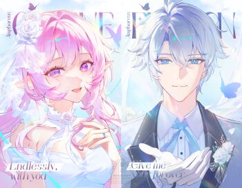 1boy 1girl :d absurdres alternate_costume bare_shoulders blue_coat blue_eyes breasts cleavage coat cyrene_(honkai:_star_rail) cyrene_(ripples_of_past_reverie)_(honkai:_star_rail) diamond-shaped_pupils diamond_(shape) fingernails flower gloves hair_flower hair_intakes hair_ornament hand_on_own_chest hand_up hashtag-only_commentary heart highres honkai:_star_rail honkai_(series) jewelry long_hair looking_at_viewer medium_breasts nail_polish open_mouth phainon_(honkai:_star_rail) pink_hair pink_nails pointy_ears purple_eyes reaching reaching_towards_viewer ring rose shirt short_hair smile sohan_(sohan_416) symbol-shaped_pupils upper_body veil white_flower white_gloves white_hair white_rose white_shirt white_veil
