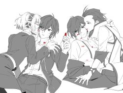 Rule 34 | 1girl, 2boys, aegis (persona), belt, blush, closed eyes, closed mouth, cosmetics, elulit2, eyes visible through hair, gekkoukan high school uniform, hair over one eye, hair slicked back, hand on another&#039;s shoulder, hetero, highres, holding, holding lipstick tube, jacket, kiss, kissing cheek, lipstick, lipstick mark, lipstick mark on chest, lipstick mark on face, lipstick mark on neck, lipstick tube, looking at another, makeup, mochizuki ryouji, mole, mole under eye, monochrome, multiple boys, multiple views, neck ribbon, open clothes, open jacket, pants, parted lips, partially unbuttoned, persona, persona 3, red lips, ribbon, scarf, school uniform, short hair, skirt, spot color, sweat, undone neck ribbon, yaoi, yuuki makoto (persona 3)