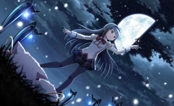 1girl akemi_homura anime_coloring artist_request black_hair black_skirt bow bowtie closed_mouth cloud collared_shirt commentary corpse dutch_angle full_body game_cg gem grass grey_pantyhose half_moon high_collar highres jitome juliet_sleeves knees kyubey lace lace-trimmed_shirt lace-trimmed_sleeves lace_trim lamppost layered_shirt legs_apart long_hair long_sleeves looking_at_object mahou_shoujo_madoka_magica mahou_shoujo_madoka_magica:_hangyaku_no_monogatari mahou_shoujo_madoka_magica_magia_exedra miniskirt mitakihara_school_uniform moon night object_floating_above_hand official_art outdoors outstretched_arm pantyhose plaid_clothes plaid_skirt pleated_skirt pocket puffy_sleeves purple_eyes purple_gem red_bow red_bowtie school_uniform shirt sidelocks skirt sleeve_cuffs smirk smug snowing solo_focus soul_gem standing star_(symbol) third-party_source very_long_hair yellow_shirt