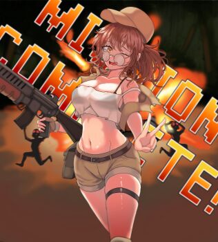 1girl ;d absurdres bare_shoulders belt black_bra bra bra_visible_through_clothes breasts brown_belt brown_gloves brown_hair brown_hat brown_shorts collarbone commentary cowboy_shot crop_top english_text fingerless_gloves fio_germi glasses gloves gomsang-oh gun hat highres holding holding_gun holding_weapon large_breasts machine_gun metal_slug midriff navel one_eye_closed open_mouth round_eyewear short_shorts shorts single_glove single_off_shoulder smile solo_focus strap_slip tank_top thigh_strap trigger_discipline underwear v weapon white_tank_top