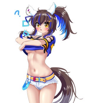 1girl ? animal_ears arms_up belt blue_hair blue_shirt blue_streaks blush breasts brown_hair clothes_lift clothing_cutout commentary cowboy_shot cutoffs daitaku_helios_(fun_fun_party_night)_(umamusume) daitaku_helios_(umamusume) ear_covers facial_mark hair_between_eyes hair_ornament hairclip high_ponytail highres horse_ears horse_girl horse_tail jewelry kohaku_(kuhaku30) lifting_own_clothes long_hair looking_at_viewer medium_breasts multicolored_hair navel no_bra parted_lips pendant ponytail shirt shirt_lift short_shorts short_sleeves shorts simple_background solo stomach streaked_hair tail two-tone_hair umamusume underboob undressing white_background white_shorts yellow_belt yellow_eyes