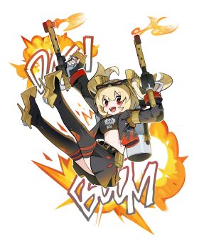 Rule 34 | + +, 1girl, absurdres, belt, black gloves, black jacket, black shirt, black skirt, black thighhighs, blonde hair, breasts, burnice white, crop top, explosion, explosion background, eyewear on head, fingerless gloves, fire, flamethrower, gloves, high heels, highres, holding, holding flamethrower, holding weapon, jacket, long hair, long sleeves, looking at viewer, midriff, morizo (morizoshop), open clothes, open jacket, open mouth, propaganda, propane tank, red eyes, shirt, shoes, simple background, skirt, small breasts, smile, solo, sound effects, sunglasses, thighhighs, twintails, weapon, white background, yellow shoes, zenless zone zero