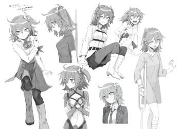 Rule 34 | absurdres, ahoge, alto168, bandaged head, bandaged leg, bandages, blood, blood on face, boots, chaldea uniform, command spell, commentary request, crutch, fate/grand order, fate (series), fujimaru ritsuka (female), fujimaru ritsuka (female) (anniversary blonde), fujimaru ritsuka (female) (chaldea combat uniform), fujimaru ritsuka (female) (decisive battle chaldea uniform), greyscale, hair ornament, hair scrunchie, highres, holding crutch, injury, long sleeves, looking at viewer, looking down, monochrome, one side up, pleated skirt, scrunchie, skirt, sweat, white boots, wrist scrunchie