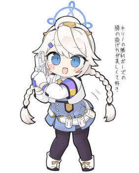 1girl :d ahoge armband beret black_pantyhose blue_archive blue_eyes blue_skirt blue_vest blush_stickers boots braid chibi collared_shirt full_body gloves gun halo handgun hat highres holding holding_gun holding_weapon jacket kirino_(blue_archive) long_hair long_sleeves looking_at_viewer low_twintails miranofuudoria open_clothes open_jacket open_mouth pantyhose pleated_skirt shirt simple_background skirt smile smith_&amp;_wesson_360 solo standing translation_request twin_braids twintails very_long_hair vest weapon white_background white_boots white_gloves white_hair white_hat white_jacket white_shirt