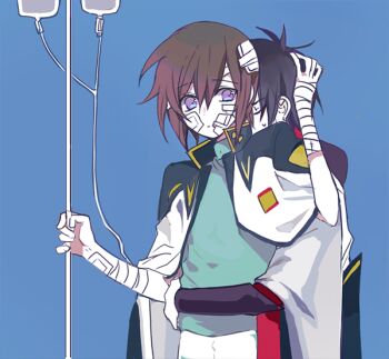 2boys bandaged_arm bandaged_hand bandages black_hair blue_background brown_hair coat coat_on_shoulders commentary_request gauze gauze_on_cheek gundam gundam_seed gundam_seed_destiny hand_on_another's_head hug hug_from_behind intravenous_drip iv_stand kira_yamato male_focus multiple_boys purple_eyes seed0x0 shinn_asuka shirt short_hair simple_background upper_body yaoi zaft_uniform