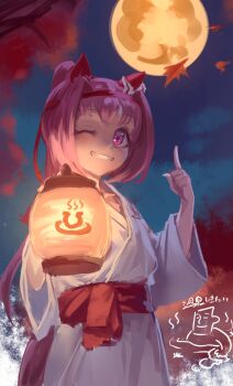 1girl animal_ears blush ear_covers grin hair_intakes haru_urara_(umamusume) highres holding holding_lantern horse_ears horse_girl horse_tail inishie_kumo japanese_clothes kimono lantern long_hair looking_at_viewer moon night night_sky one_eye_closed pink_hair pointing pointing_up ponytail purple_eyes red_sash sash sky smile solo tail umamusume white_kimono