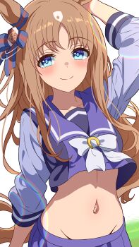 1girl 96dai_0313 absurdres animal_ears blue_eyes blue_ribbon blue_sailor_collar blush bow brown_hair commentary_request crop_top crop_top_overhang cropped_shirt ear_ribbon grass_wonder_(umamusume) highres horse_ears horse_girl horse_tail long_hair long_sleeves looking_at_viewer navel ribbon sailor_collar school_uniform solo tail tracen_school_uniform umamusume