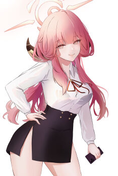 1girl absurdres aru_(blue_archive) black_skirt blue_archive blunt_bangs cellphone closed_mouth demon_girl demon_horns hand_on_own_hip high-waist_skirt highres holding holding_phone horns long_hair looking_at_viewer phone red_hair red_ribbon ribbon shirt sidelocks skirt smartphone smile solo white_shirt yellow_eyes yuuca