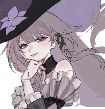 1girl arm_bow ascot bare_shoulders black_bow black_choker bow choker flower frilled_sleeves frills grey_hair hat hat_flower herta_(honkai:_star_rail) highres honkai:_star_rail honkai_(series) long_hair looking_at_viewer nail_polish ox_xohappy purple_eyes purple_flower purple_nails smile solo the_herta_(honkai:_star_rail) upper_body very_long_hair