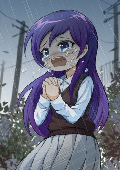 1girl absurdres amatsuki_sayaka black_sweater_vest blue_eyes commentary_request crying grey_skirt highres jikkyou_powerful_pro_yakyuu long_hair long_sleeves open_mouth outdoors own_hands_clasped own_hands_together pawahotel3021 power_pro_kun_pocket power_pro_kun_pocket_14 praying purple_hair rain shirt skirt snot solo sweater_vest teeth upper_teeth_only utility_pole white_shirt