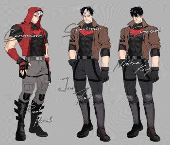 bat_signal batman_(series) batman_symbol black_bodysuit black_gloves black_hair blue_eyes bodysuit brown_jacket commission dc_comics gloves grey_bodysuit highres houlong_siche jacket jason_todd male_focus multicolored_bodysuit multicolored_hair multiple_boys multiple_persona muscular muscular_male open_clothes pants red_hood_(dc) red_hood_and_the_outlaws short_hair superhero_costume taut_bodysuit two-tone_bodysuit watermark western_comics_(style)