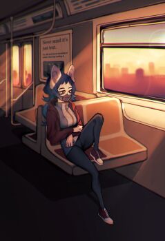 1girl blue_hair breasts commentary english_commentary furry furry_female hand_grip highres jacket large_breasts long_sleeves mask mouth_mask open_clothes open_jacket original pants pita-potato red_jacket shirt shoes sitting solo train_interior white_shirt