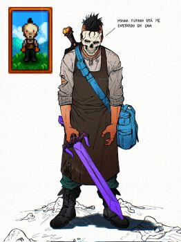 Rule 34 | 1boy, apron, black boots, boots, brown apron, commentary request, dirty, dirty clothes, galaxy sword (stardew valley), grey shirt, highres, holding, holding sword, holding weapon, male focus, mask, original, pedro renji, portuguese commentary, portuguese text, reference inset, shirt, simple background, skull mask, solo, standing, stardew valley, sword, torn clothes, torn shirt, translation request, weapon, white background