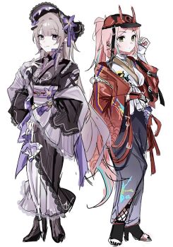 2girls alternate_costume black_nails blue_streaks blunt_bangs bonnet brown_hair buckle closed_mouth fishnets flower green_eyes herta_(honkai:_star_rail) high_heels highres honkai:_star_rail honkai_(series) horns japanese_clothes light_smile long_hair multiple_girls pink_hair ponytail purple_eyes purple_flower purple_nails rappa_(honkai:_star_rail) red_horns sash the_herta_(honkai:_star_rail) the_herta_(tea_break)_(honkai:_star_rail) umbrella very_long_hair white_background yr0_gg