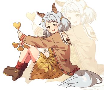 1girl animal_ears blush boots bow breasts brown_boots brown_cardigan brown_eyes cardigan com_draw_ouo commentary dress ear_covers grey_hair hair_ornament hairclip highres hishi_miracle_(happy_little_notes)_(umamusume) hishi_miracle_(umamusume) holding holding_leaf horse_ears horse_girl horse_tail leaf long_sleeves looking_at_viewer low_twintails open_clothes open_mouth plaid_clothes plaid_dress sitting smile symbol-only_commentary tail twintails umamusume yellow_dress zoom_layer