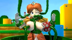 1girl 1other 20s 3d all_the_way_through animated block_(object) blue_eyes blue_sky bound bound_arms breasts breasts_out brown_hair castle crown day dress ear_insertion ear_sex earrings flower_earrings forced gloves gurochanop highres hill jewelry large_breasts looping_animation mario_(series) mario_party medium_hair moaning nintendo nipple_penetration no_bra orange_dress outdoors peach&#039;s_castle piranha_plant plant princess princess_daisy puffy_sleeves rape rolling_eyes short_sleeves sky smoking_pipe solo_focus sound source_filmmaker_(medium) squishing standing super_mario_3d_world super_mario_land tentacles uncensored video what white_gloves wince