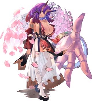 1girl breasts brown_eyes full_body game_asset horns huge_breasts japanese_clothes kimono kyonyuu_fantasy_burst official_art oni purple_hair sandals third-party_source