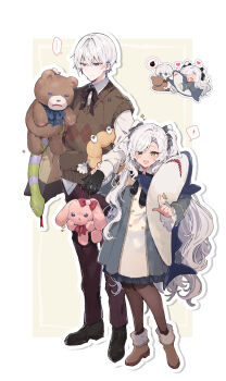 ! ... 1boy 1girl black_bow black_shoes blue_eyes boots border bow brown_background brown_boots brown_bow brown_pants brown_pantyhose character_request chibi coat collared_dress collared_shirt dress dress_shirt green_eyes grey_coat grey_hair hair_between_eyes hair_bow hair_intakes heterochromia highres holding holding_stuffed_toy hugging_object ikeuchi_tanuma long_hair original pants pantyhose shirt shoes spoken_ellipsis spoken_exclamation_mark stuffed_animal stuffed_rabbit stuffed_shark stuffed_snake stuffed_toy sweater_vest teddy_bear two_side_up very_long_hair white_border white_dress white_shirt yellow_eyes