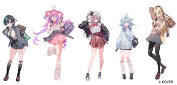 5girls :d ;d ahoge alternate_costume alternate_hairstyle aqua_hair arm_behind_head arm_up bag black_hair black_jacket black_pantyhose black_sailor_collar black_shoes black_skirt black_socks blazer blonde_hair blue_cardigan blue_eyes blue_hair bow bowtie braid braided_bangs brown_jacket brown_shoes cardigan cardigan_around_waist center-flap_bangs clothes_around_waist collared_shirt commentary_request copyright_name crossed_bangs curtained_hair double-parted_bangs dress_shirt flow_glow_(hololive) full_body green_necktie green_skirt grey_hair grey_jacket grey_skirt hair_between_eyes hair_flaps hair_intakes hand_up highres holding holding_bag holding_microphone hololive hololive_dev_is isaki_riona jacket kanda_done kikirara_vivi kneehighs koganei_niko leaning_forward leg_warmers legwear_garter lightning_ahoge loafers long_hair looking_at_viewer loose_necktie low_twin_braids microphone miniskirt mizumiya_su multicolored_hair multiple_girls necktie official_art one_eye_closed one_side_up open_mouth orange-tinted_eyewear pantyhose pink_bow pink_bowtie pink_hair pink_skirt platform_shoes purple_hair red_bow red_bowtie red_eyes red_skirt rindo_chihaya round_eyewear sailor_collar school_bag school_uniform shirt shoes side_braid sidelocks simple_background skirt smile sneakers socks streaked_hair sunglasses swept_bangs tinted_eyewear twin_braids two_side_up very_long_hair virtual_youtuber white_background white_hair white_leg_warmers white_shirt white_shoes white_socks yellow_pupils