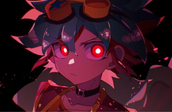 Rule 34 | 1boy, black background, cosmos mrst, glowing, glowing eyes, goggles, goggles on head, green hair, highres, jacket, jacket on shoulders, jewelry, male focus, multicolored hair, orange shirt, pendant, red eyes, red hair, sakaki yuya, shirt, solo, two-tone hair, upper body, white jacket, yu-gi-oh!, yu-gi-oh! arc-v