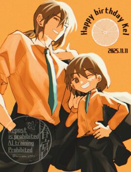 2boys aged_down alternate_costume alternate_eye_color belt black_belt black_pants blue_necktie bright_pupils brown_eyes brown_hair character_name collared_shirt dated double-parted_bangs grin hair_between_eyes hand_on_own_hip happy_birthday harumiya_ut height_difference highres kel_(faraway)_(omori) kel_(omori) long_sleeves looking_at_viewer low_ponytail multiple_boys necktie omori one_eye_closed orange_background orange_shirt pants ponytail shirt short_hair short_ponytail short_sleeves simple_background smile teeth twitter_username watermark white_pupils