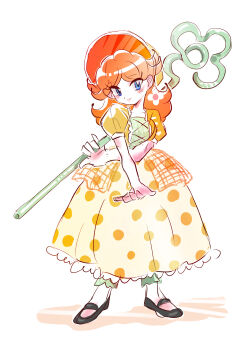 Rule 34 | 1girl, absurdres, blue eyes, bo peep (toy story), bo peep (toy story) (cosplay), bonnet, brown hair, commentary request, cosplay, dress, highres, long hair, looking at viewer, mario (series), nintendo, orange dress, princess daisy, rakugaki shitagari-ya, shepherd's crook, simple background, smile, toy story, white background