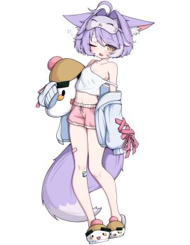 1girl ahoge animal_ear_fluff animal_ears artist_request bandaid bandaid_on_knee bandaid_on_leg bandaid_on_thigh breasts camisole cardigan cardigan_partially_removed cleavage commentary_request crop_top fang fox_ears fox_girl fox_tail full_body grey_cardigan hair_ears highres holding holding_stuffed_toy inari_(tenko_shibuki) korean_commentary mask mask_on_head midriff multicolored_hair navel no_bra one_eye_closed open_mouth parted_bangs pink_shorts purple_hair second-party_source short_hair short_shorts shorts simple_background sleep_mask sleeves_past_fingers sleeves_past_wrists slippers small_breasts solo spaghetti_strap standing stellive strap_slip streaked_hair stuffed_animal stuffed_toy tail tenko_shibuki virtual_youtuber waking_up white_background white_camisole yellow_eyes
