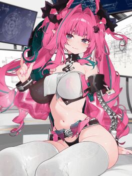 1girl :3 animated animated_gif arknights arknights:_endfield belt black_belt black_horns black_panties blinking blue_eyes blush breasts commentary covered_erect_nipples diamond_in_eye dragon_girl dragon_horns dragon_tail english_commentary hair_intakes high-waist_panties horns large_breasts long_hair looking_at_viewer midriff monitor navel panties pink_hair pink_horns pink_nails pink_sleeves pointy_ears see-through_clothes see-through_sleeves sitting solo stomach strapless tail thighhighs tube_top underwear waterring white_thighhighs whiteboard yvonne_(arknights)