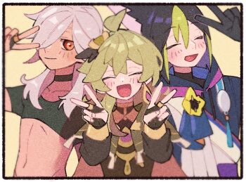 1girl 2boys :d ^_^ ahoge animal_ear_fluff animal_ears black_choker black_gloves black_hair black_shirt blunt_ends blush border bridal_gauntlets brown_dress capelet choker closed_eyes closed_mouth collarbone collei_(genshin_impact) crop_top crossed_bangs cyno_(genshin_impact) dark-skinned_male dark_skin double_v drawstring dress earrings flower fox_ears genshin_impact gloves green_capelet green_hair grey_hair hair_between_eyes hair_ornament hair_over_one_eye hand_up hands_up hood hood_down hoodie jewelry long_hair long_sleeves medal medium_hair multicolored_clothes multicolored_hair multiple_boys nploser one_eye_covered open_mouth parted_bangs red_eyes shirt short_hair short_sleeves sidelocks simple_background single_earring smile streaked_hair swept_bangs tassel tighnari_(genshin_impact) upper_body v white_border yellow_background yellow_flower
