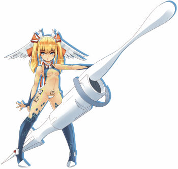 1girl :o barcode barcode_tattoo bare_shoulders blonde_hair blue_eyes boots bow breasts collar crotch_plate dev_(dev0614) fingerless_gloves gloves hair_between_eyes hair_bow hairband head_wings heel-less_heels highres jet_engine lace_collar number_tattoo open_mouth original shadow sidelocks sideways_glance simple_background sleeveless small_breasts spread_fingers stomach_tattoo tattoo thigh_boots twintails underboob white_background wings