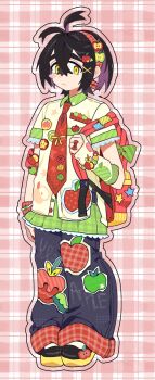 Rule 34 | 1boy, alternate costume, apple print, backpack, bag, black hair, blush, closed mouth, clothes writing, collared shirt, commentary request, crossed bangs, decora, dipplin, food print, fruit print, gingham background, hair between eyes, hair ornament, hairband, highres, jewelry, kieran (pokemon), korean commentary, leg warmers, male focus, mole, mole on neck, multicolored hair, nail polish, necktie, nintendo, pants, pants under skirt, peeking pickle, pokemon, pokemon sv, purple hair, red nails, red necktie, ring, shirt, shoes, short sleeves, skirt, solo, standing, star (symbol), x hair ornament, yellow eyes