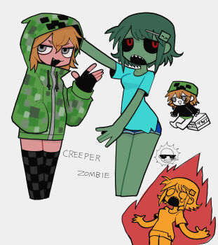 2girls :3 androgynous aqua_shirt black_gloves black_sclera black_shirt black_thighhighs blonde_hair blue_shorts burning character_name checkered_hoodie checkered_thighhighs chibi chibi_inset cigarette collarbone colored_sclera colored_skin creeper dot_nose explosive fang fingerless_gloves fire gloves green_hat green_hoodie green_panties green_skin grey_hair hair_ornament hat highres hood hoodie iiiichimaru_03 looking_at_viewer looking_to_the_side minecraft multiple_girls open_mouth panties personification red_eyes sharp_teeth shirt short_hair shorts sidelocks simple_background single_tear smoking sun sunglasses teeth thighhighs tnt tnt_block_(minecraft) underwear white_background zombie_(minecraft) zombie_hair_ornament