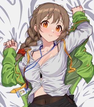 1girl blush braid breasts brown_eyes brown_hair cleavage covered_navel green_jacket hair_over_shoulder idolmaster idolmaster_cinderella_girls jacket kamille_(vcx68) long_hair looking_at_viewer loose_necktie medium_breasts necktie office_lady on_bed pantyhose partially_unbuttoned pencil_skirt red_scrunchie scrunchie senkawa_chihiro shirt single_braid skirt solo unbuttoned unbuttoned_shirt white_shirt