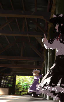 2girls :o absurdres black_boots black_capelet black_hair black_hat black_skirt blonde_hair boots bow bush buttons capelet day dress dress_shirt feet_out_of_frame frilled_dress frilled_headwear frilled_skirt frills full_body hat hat_bow highres indoors lace-up_boots long_dress long_skirt long_sleeves maribel_hearn medium_hair mob_cap multiple_girls necktie pillar pleated_dress pleated_skirt pointing pointing_up puffy_long_sleeves puffy_sleeves purple_dress purple_eyes red_necktie ribbon-trimmed_capelet ribbon-trimmed_skirt ribbon_trim shadow shirt short_hair shrine skirt sliding_doors standing talking touhou usami_renko ushitsuchi white_bow white_hat white_shirt