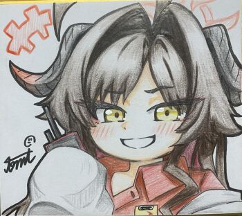 1girl absurdres ahoge black_hair blue_archive collared_shirt commentary_request hair_intakes halo highres horns kasumi_(blue_archive) long_hair red_halo red_shirt shirt sleeves_past_fingers sleeves_past_wrists smile solo tomimon traditional_media yellow_eyes