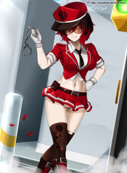 1girl absurdres black_hair breasts brown_eyes cuffs female_focus glasses gloves gradient_hair hand_on_own_hip handcuffs hat highres holding holding_handcuffs large_breasts looking_at_viewer midriff miniskirt multicolored_hair navel panties police police_hat police_uniform red_hair ruby_rose rwby short_hair skirt sleeves_rolled_up smile solo standing stomach thighhighs traffic_light underwear vilde_loh_hocen