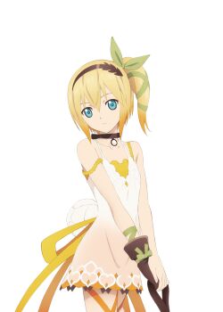 Rule 34 | 1girl, artist request, black choker, blonde hair, blue eyes, brown hairband, choker, closed mouth, cowboy shot, dress, edna (tales), game cg, gloves, green ribbon, hair ornament, hair ribbon, hairband, holding, looking at viewer, official art, ribbon, short hair, side ponytail, single glove, solo, tales of (series), tales of asteria, tales of zestiria, third-party source, transparent background, tress ribbon, white dress