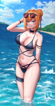 1girl absurdres arm_behind_back arm_up bikini black_bikini black_choker blue_eyes blue_sky breasts choker closed_mouth cloud cloudy_sky collarbone commentary day eyewear_on_head girls&#039;_frontline girls&#039;_frontline_2:_exilium hair_bun hair_intakes hair_ribbon highres kalina_(girls&#039;_frontline) kepra_iii large_breasts looking_at_viewer multi-strapped_bikini_bottom navel ocean orange_hair partially_submerged ribbon single_hair_bun sky solo sunglasses swimsuit thigh_strap