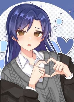 1girl :o black_jacket blue_hair blush brown_eyes chiwawa174 collared_shirt grey_sweater hands_up heart heart_hands highres idolmaster idolmaster_(classic) jacket kisaragi_chihaya long_hair long_sleeves looking_at_viewer open_mouth outline shirt solo sweater upper_body white_outline