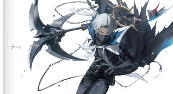 Rule 34 | 1boy, absurdres, arknights, axe, belt, black cape, black gloves, black mask, black pants, blue eyes, cape, chain, commentary request, gloves, grey hair, highres, holding, holding axe, holding weapon, long hair, looking at viewer, male focus, mask, mouth mask, official alternate costume, okonon (kado colda), pants, ponytail, red eyes, simple background, solo, torn clothes, ulpianus (arknights), weapon, white background, white hair