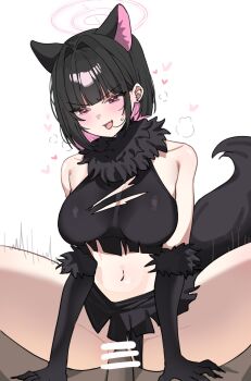 1boy 1girl animal_ears black_claws black_tail blue_archive cat_ears colored_inner_animal_ears colored_inner_hair extra_ears fake_claws fur-trimmed_gloves fur_scarf fur_sleeves fur_trim gloves halloween_costume halo hetero highres kazusa_(blue_archive) kazusa_(halloween)_(blue_archive) mam_a103 multicolored_hair navel pink_hair pink_halo sex simple_background skirt torn_clothes torn_skirt two-tone_hair werewolf_costume white_background