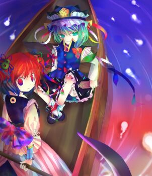 Rule 34 | 2girls, bad id, bad pixiv id, boat, colorful, female focus, green eyes, green hair, hat, kazu (muchuukai), multiple girls, onozuka komachi, red eyes, red hair, ribbon, rod of remorse, scythe, shiki eiki, short hair, sitting, standing, touhou, twintails, two side up, watercraft