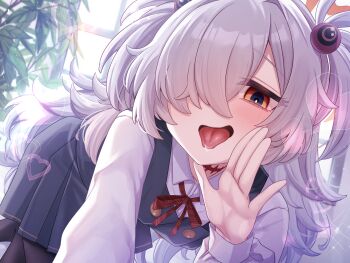 1girl absurdres black_pants blue_archive blush collared_shirt commentary_request dress grey_dress grey_hair hair_bobbles hair_ornament hair_over_one_eye highres kanoe_(blue_archive) long_hair neck_ribbon orange_eyes pants pinafore_dress red_ribbon ribbon shirt sleeveless sleeveless_dress solo tongue tongue_out two_side_up uko_magi white_shirt