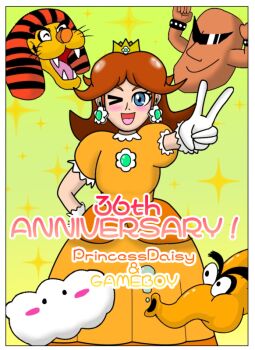 Rule 34 | 1girl, 4others, anniversary, biokinton, blue eyes, brown hair, crown, dragonzamasu, dress, earrings, flower earrings, game boy, gloves, grin, handheld game console, happy birthday, hiyoihoi, jewelry, king totomesu, looking at viewer, mario (series), multiple others, nintendo, one eye closed, orange dress, princess daisy, puffy short sleeves, puffy sleeves, short sleeves, smile, sunglasses, super mario land, v, wink