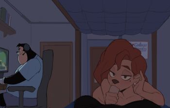 1girl 2boys adjusting_hair amugea animal_ears bed black_hair book brown_hair cat_boy chair dog_boy dog_ears dog_girl door fat fat_man fellatio furry furry_female furry_male furry_with_furry gaming_chair goof_troop headphones hetero highres indoors long_hair looking_at_viewer max_goof mickey_mouse_&amp;_friends mole mole_under_eye multiple_boys oral penis peter_pete_jr. playing_games roxanne_(a_goofy_movie) shirt shorts swivel_chair