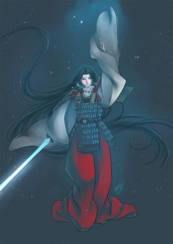 1girl arm_up armor bead_necklace beads black_hair broken_necklace closed_mouth facial_mark floating_hair forehead_mark full_body glowing glowing_sword glowing_weapon grey_background hakama highres holding holding_sword holding_weapon inuyasha japanese_armor japanese_clothes jewelry kimono light_particles long_hair long_sleeves looking_at_viewer midoriko_(inuyasha) necklace parted_bangs pointing pointing_up red_hakama red_lips shoulder_armor sode solo standing straight_hair sword tokiko_(psychopomp) tooth_necklace very_long_hair water_drop weapon wide_sleeves