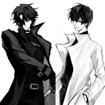 2boys artist_request black_coat black_eyes black_gloves black_hair black_shirt coat commission contrapposto cowboy_shot curtained_hair gloves grin hands_in_pockets hashtag-only_commentary high_collar highres kim_dokja looking_at_viewer male_focus multiple_boys omniscient_reader&#039;s_viewpoint open_clothes open_coat partially_shaded_face popped_collar second-party_source serious sheath shirt short_hair smile unsheathing white_coat wind yoo_joonghyuk