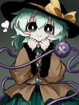 Rule 34 | 1girl, bandaid on eye, black hat, bow, buttons, diamond button, eyeball, floral print, frilled shirt collar, frilled sleeves, frills, green eyes, green hair, green skirt, hat, hat bow, hat ribbon, heart, heripantomorrow, komeiji koishi, ribbon, rose print, shirt, skirt, smile, third eye, touhou, wide sleeves, yellow bow, yellow ribbon, yellow shirt