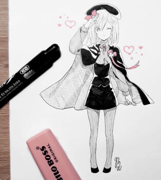 Rule 34 | 1girl, absurdres, alternate costume, arm up, art tools in frame, ascot, beret, brooch, cape, cosplay, crossover, dot nose, dress, hat, heart, highres, higurashi no naku koro ni, in-franchise crossover, jewelry, lambdadelta, limited palette, marker (medium), one eye closed, pantyhose, parted bangs, photo (medium), saisat34, shoes, signature, takano miyo, takano miyo (cosplay), traditional media, umineko no naku koro ni